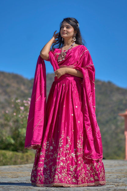 Rani Pink Chinon Lehenga Choli For Wedding
