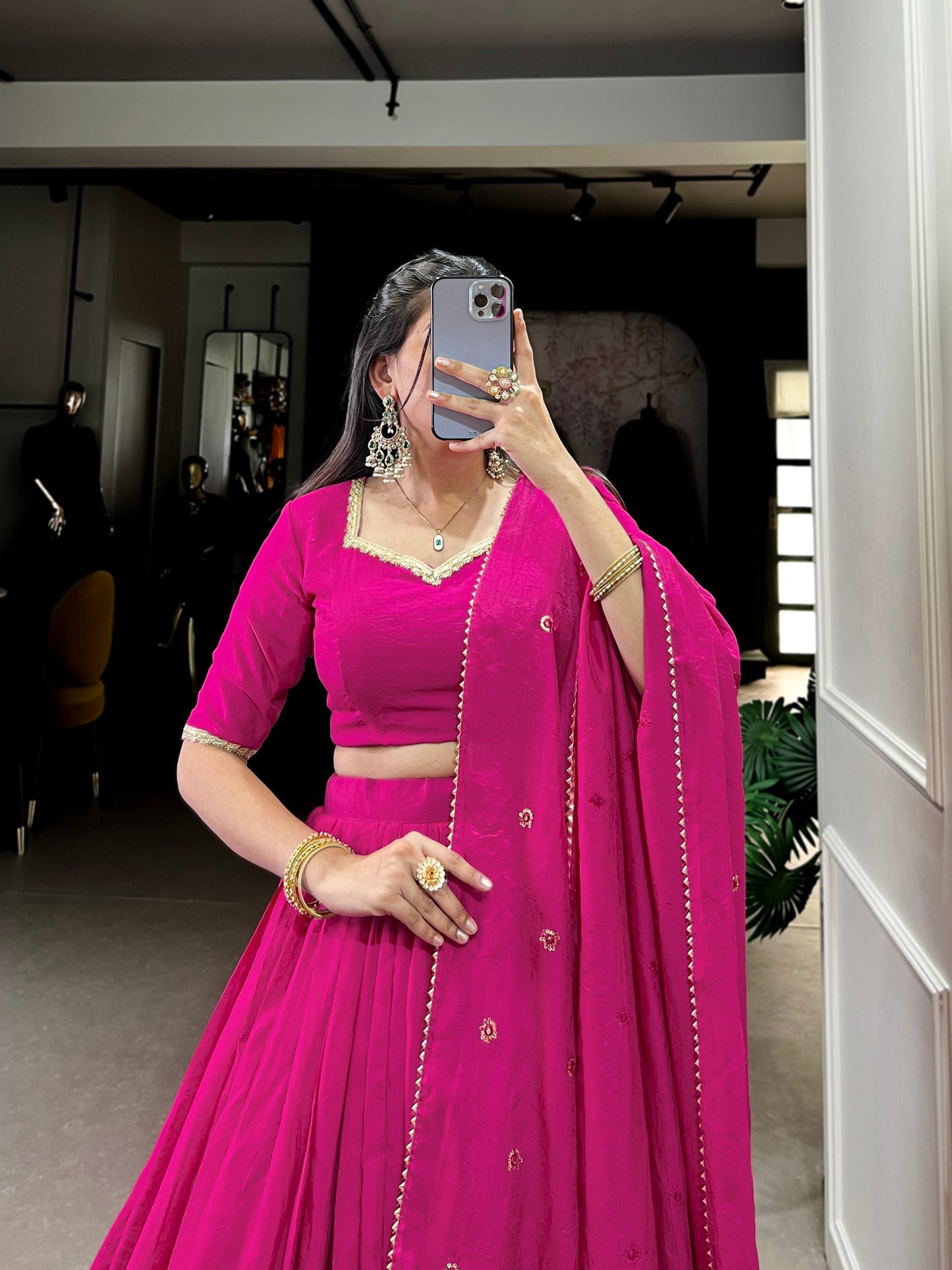 Rani Pink Designer Chanderi Lehenga Choli For Wedding