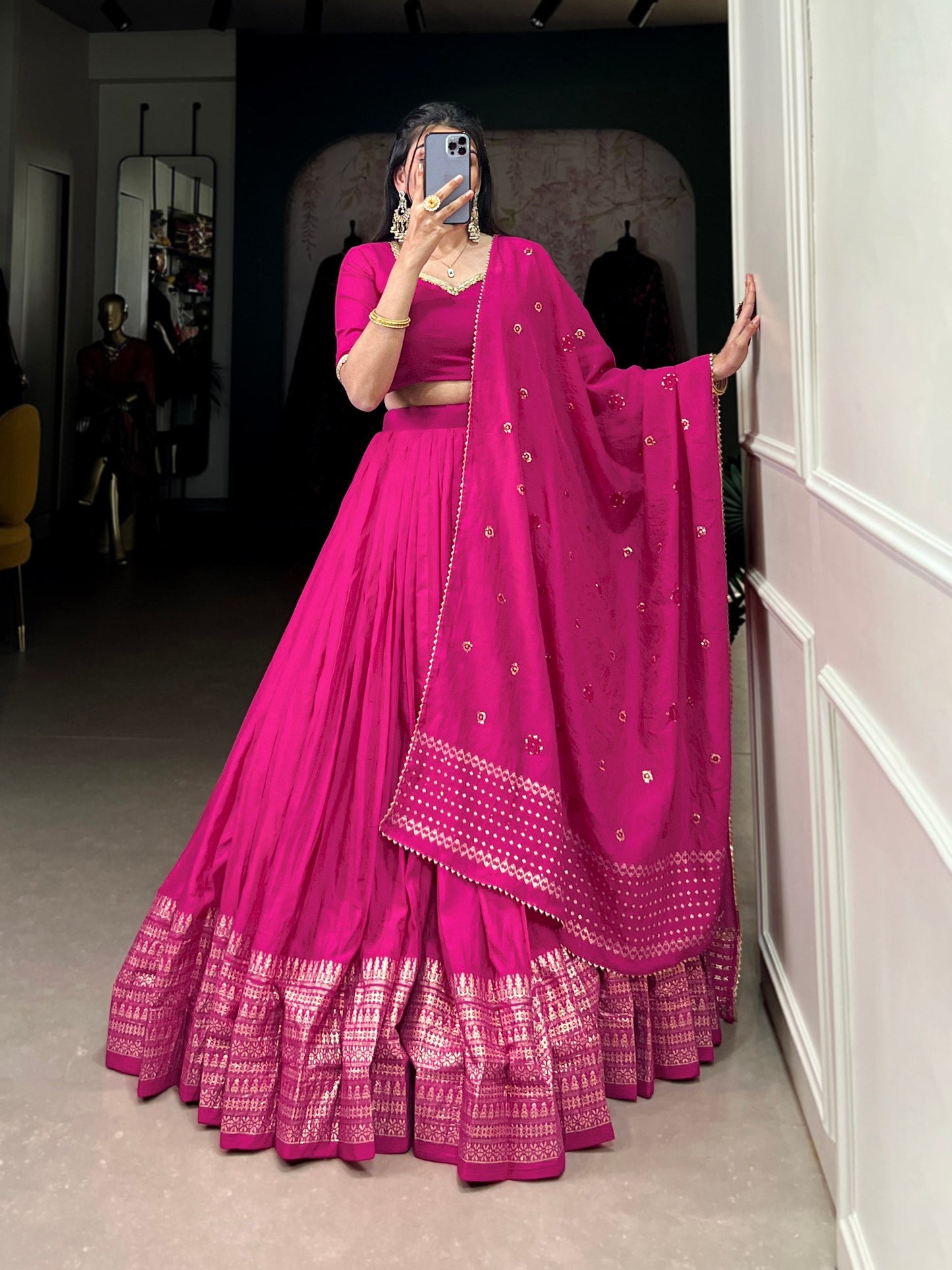Rani Pink Designer Chanderi Lehenga Choli For Wedding