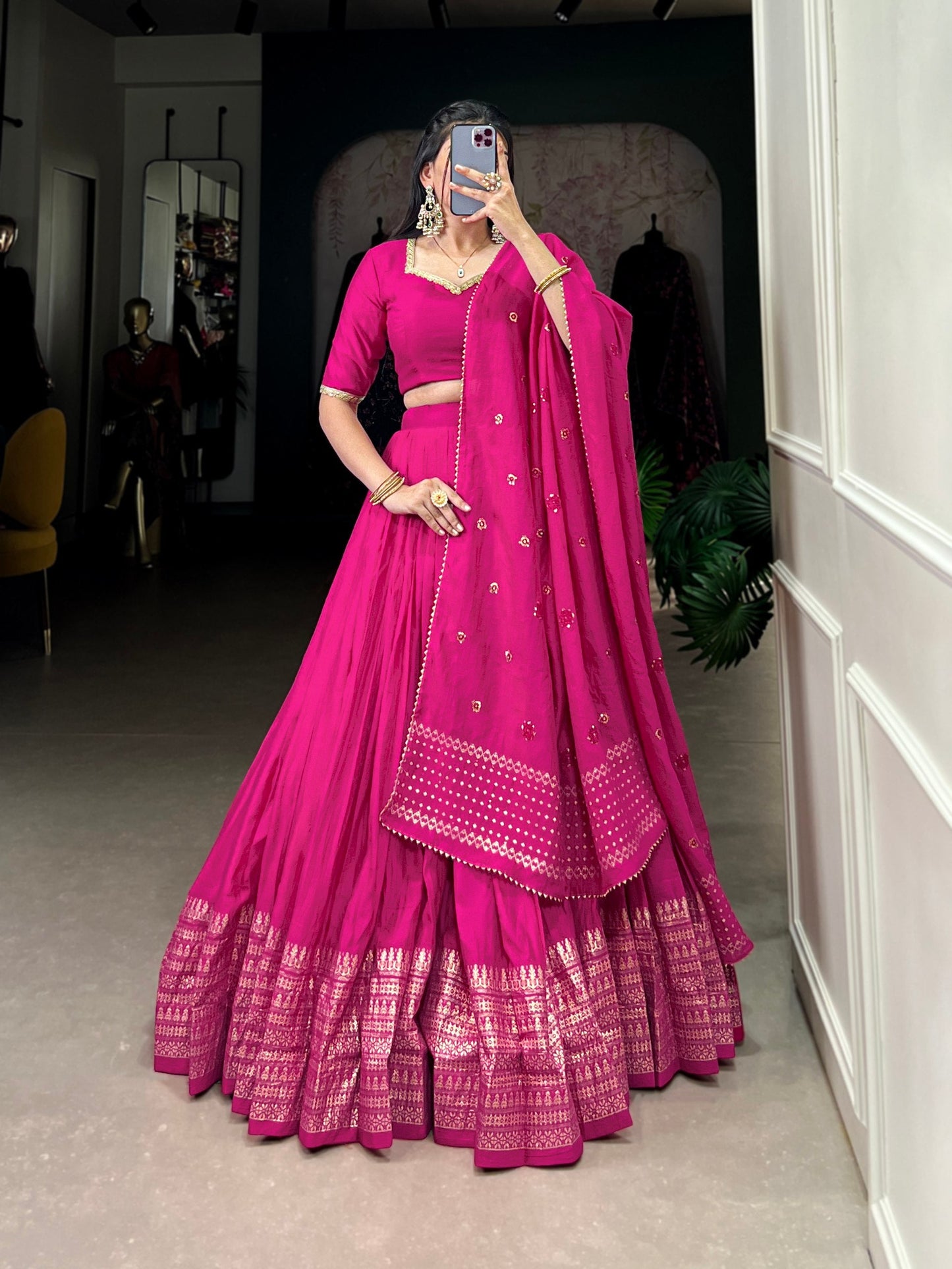 Rani Pink Designer Chanderi Lehenga Choli For Wedding