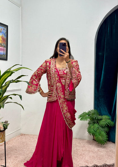 Rani Pink Designer Ready To Wear Chinon Silk Saree