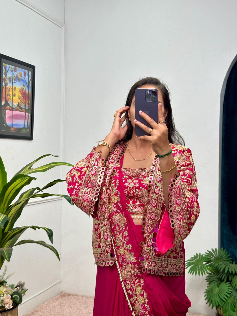 Rani Pink Designer Ready To Wear Chinon Silk Saree