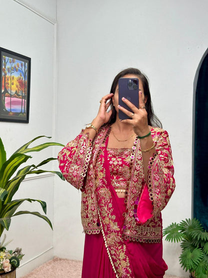 Rani Pink Designer Ready To Wear Chinon Silk Saree