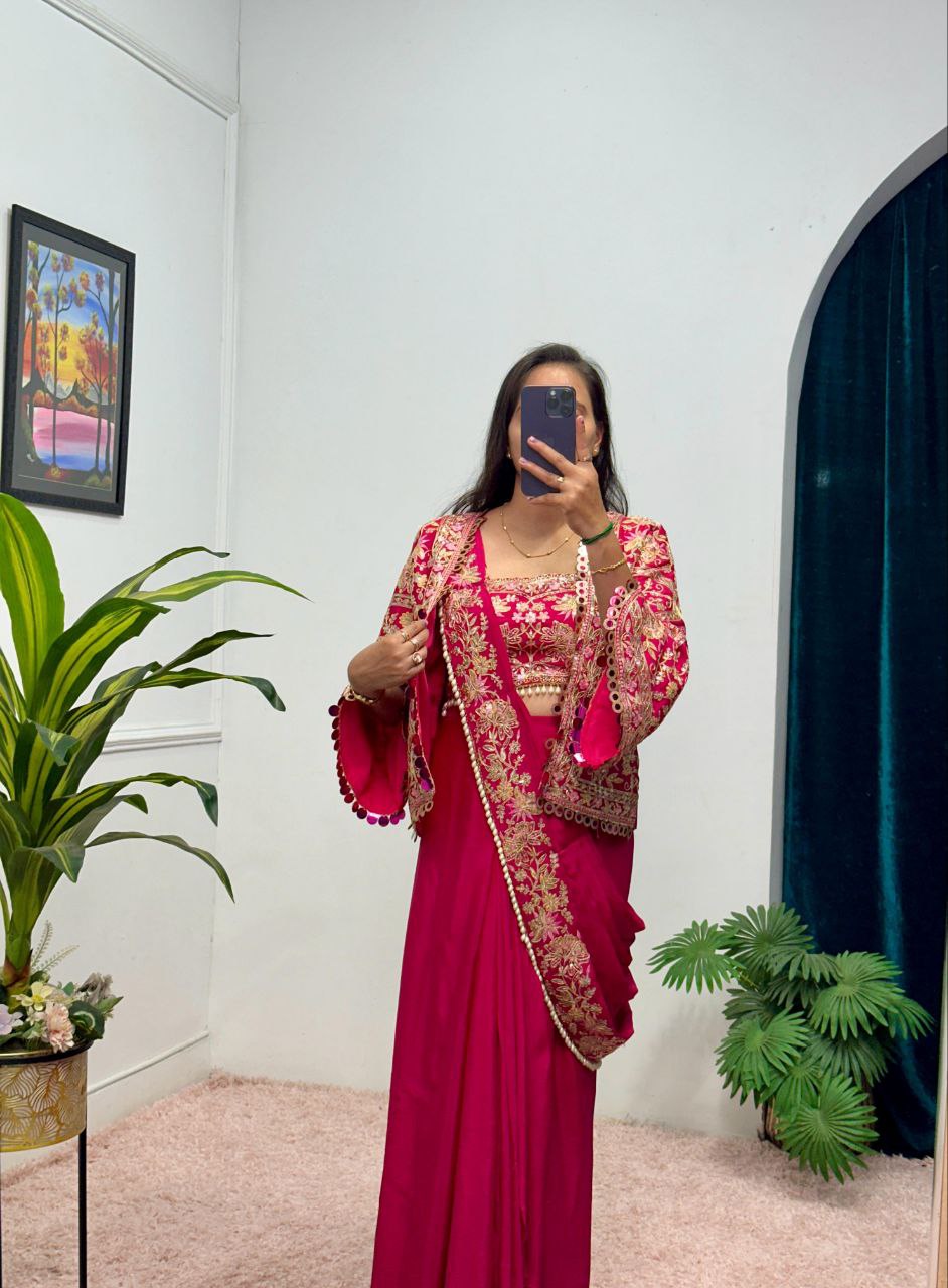 Rani Pink Designer Ready To Wear Chinon Silk Saree