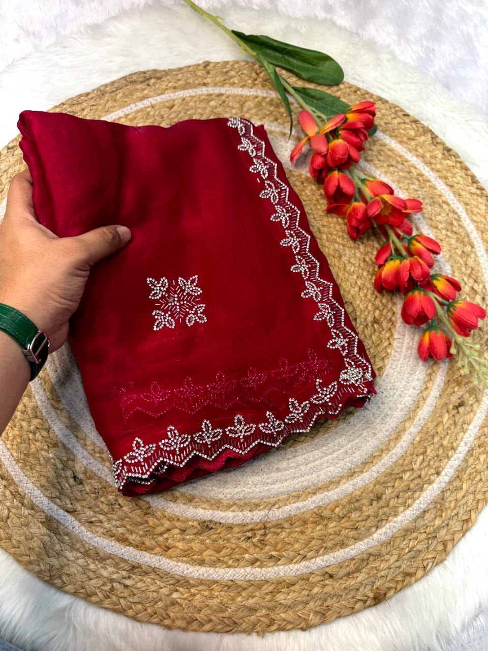 Rani Pink Fandy Satin Silk Saree