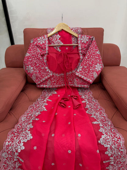 Rani Pink Party Wear Tabby Silk Saree