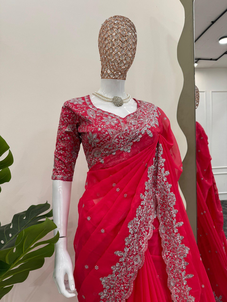 Rani Pink Party Wear Tabby Silk Saree