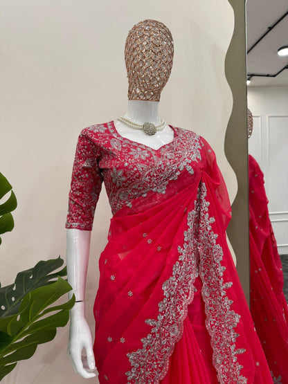 Rani Pink Party Wear Tabby Silk Saree