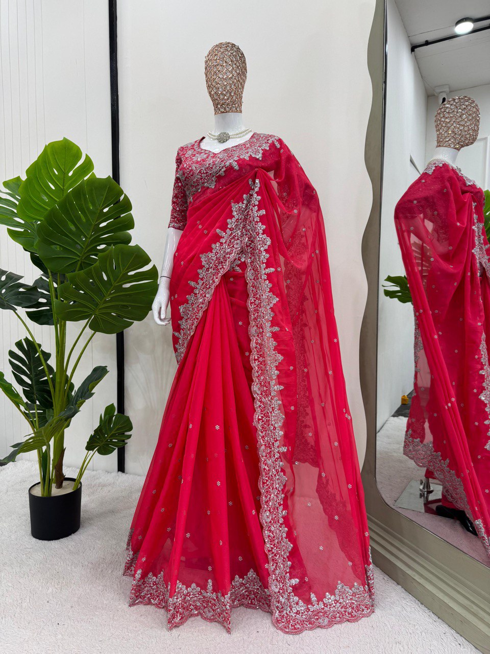 Rani Pink Party Wear Tabby Silk Saree