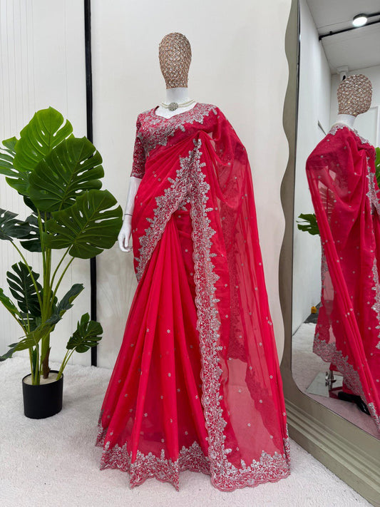 Rani Pink Party Wear Tabby Silk Saree