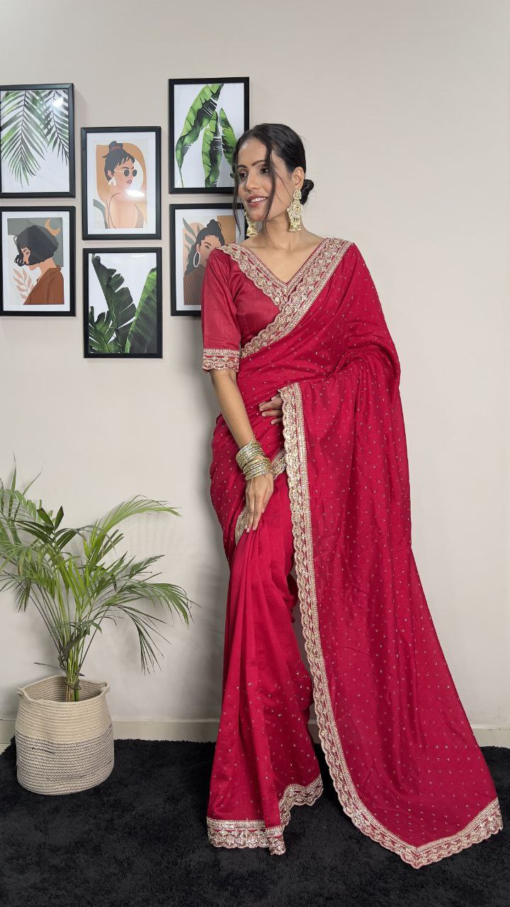 Rani Pink Party Wear Vichitra Silk Sare