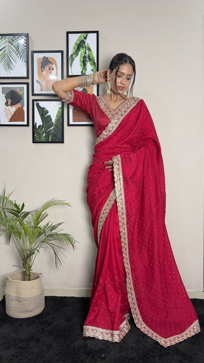 Rani Pink Party Wear Vichitra Silk Sare