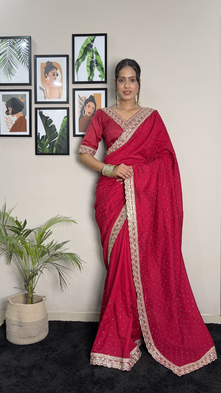 Rani Pink Party Wear Vichitra Silk Sare