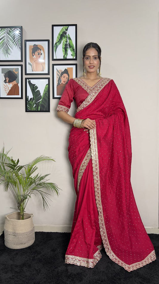 Rani Pink Party Wear Vichitra Silk Sare