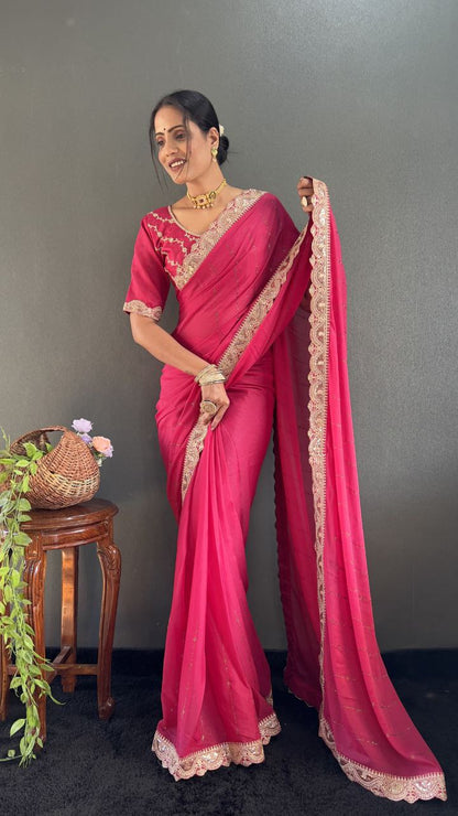 Rani Pink Ready to Wear Star Georgette Silk Saree