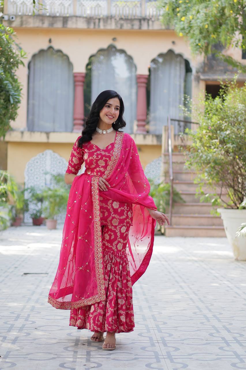 Rani Pink Readymade Modern Sharara Set For Wedding
