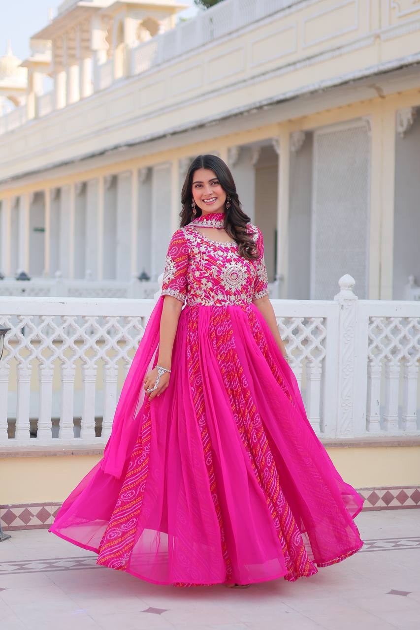 Rani Pink Traditional Indian Gown Dress With Dupatta