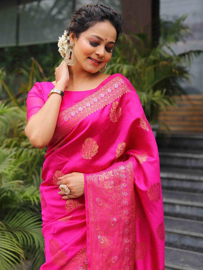Rani Pink Wedding Wear Lichi Silk Saree
