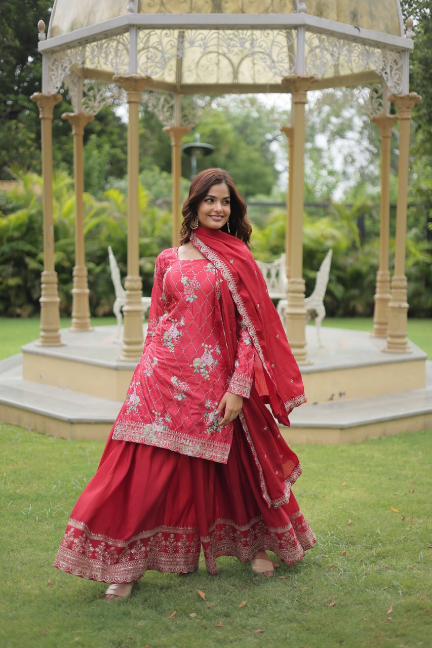 Tomato Red Ready Made Kurta Plazzo With Dupatta