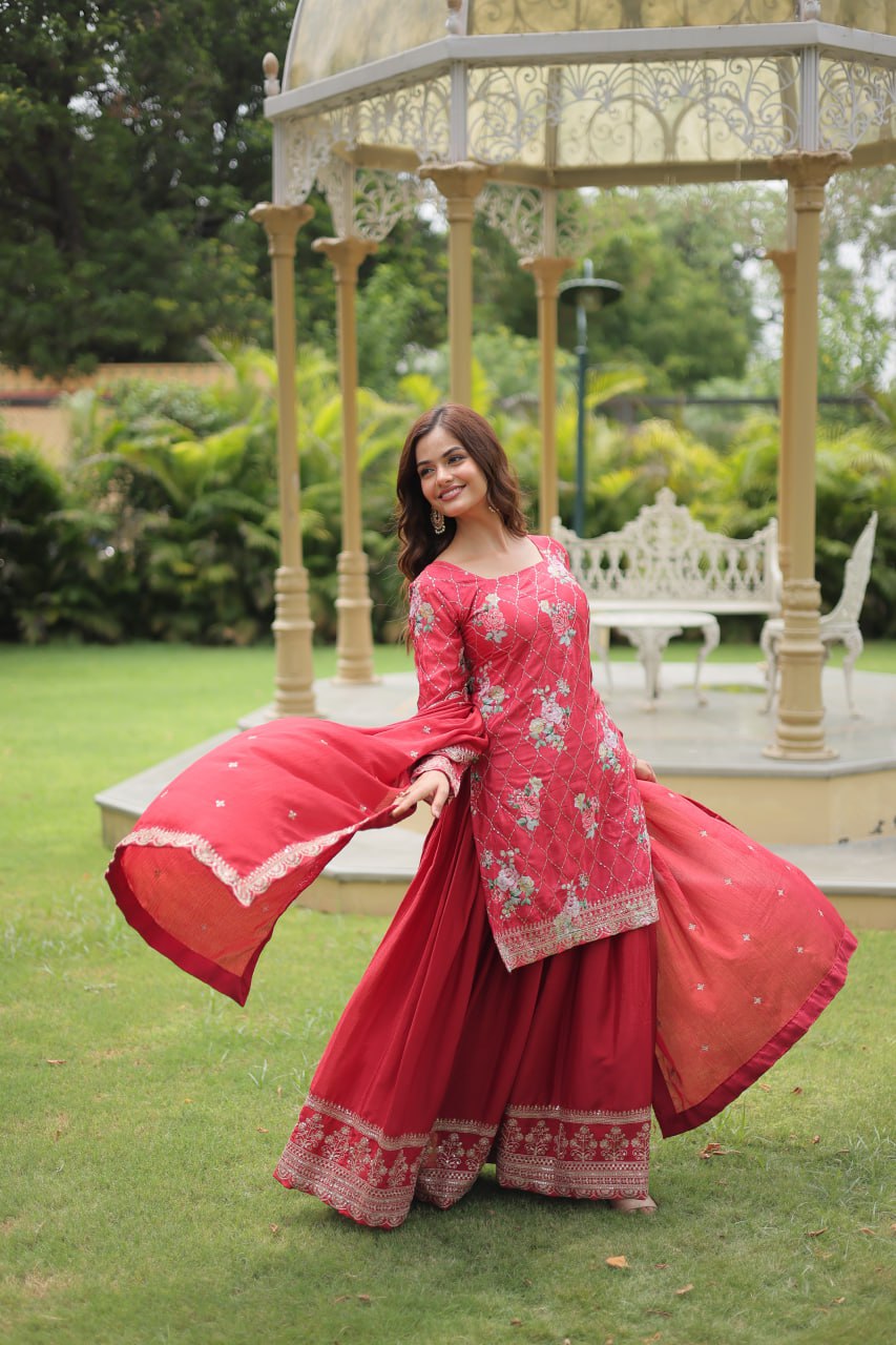 Tomato Red Ready Made Kurta Plazzo With Dupatta