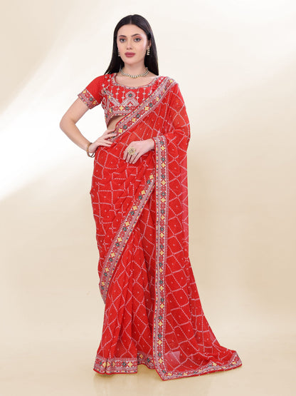 Red Bandhej Printed Georgette Saree