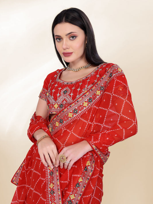 Red Bandhej Printed Georgette Saree