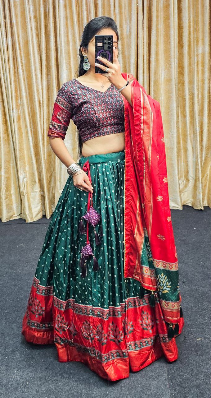 Red & Green Wedding Wear Tussar Silk Lehenga