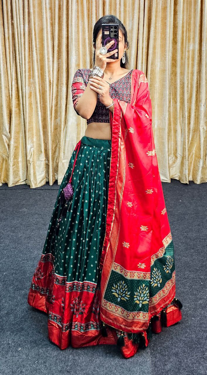 Red & Green Wedding Wear Tussar Silk Lehenga