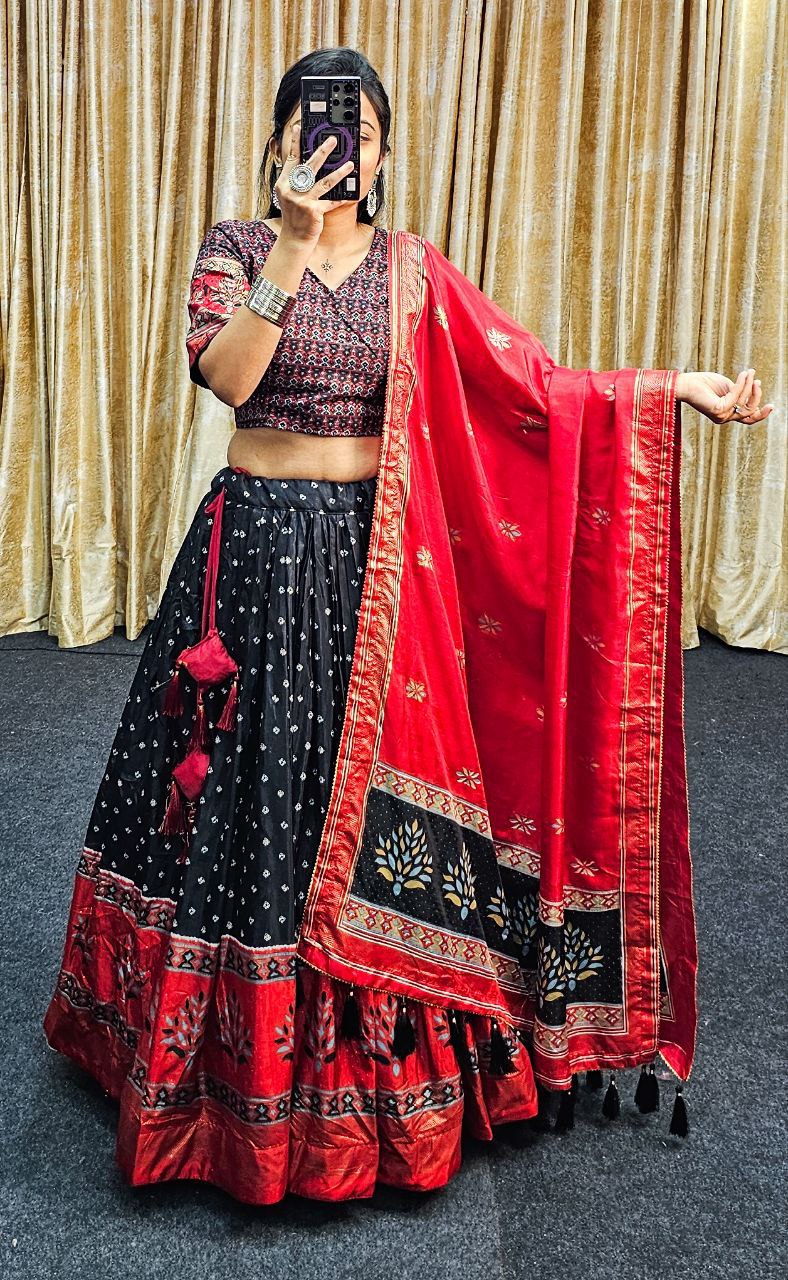 Red & Black Wedding Wear Tussar Silk Lehenga