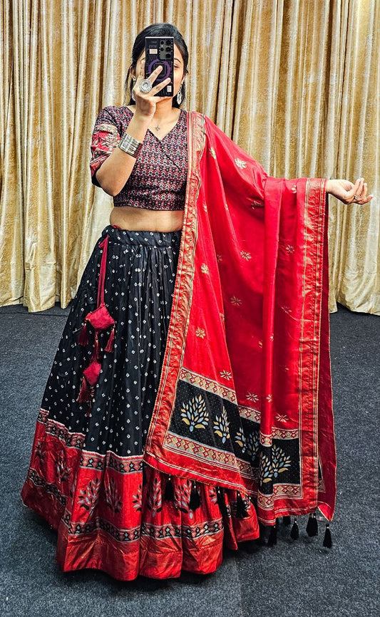 Red & Black Wedding Wear Tussar Silk Lehenga