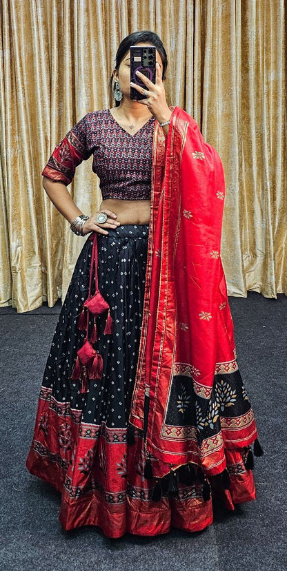 Red & Black Wedding Wear Tussar Silk Lehenga
