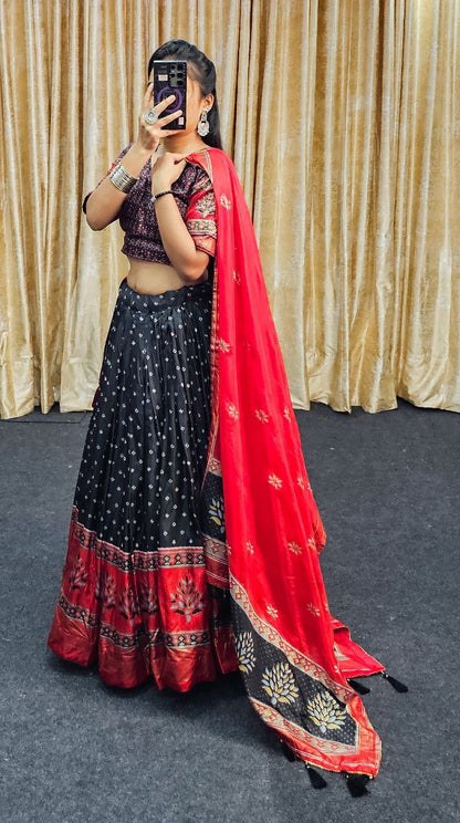 Red & Black Wedding Wear Tussar Silk Lehenga