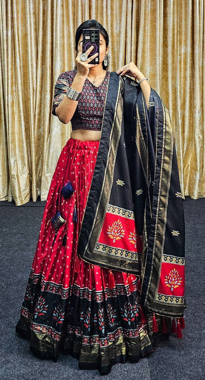 Red & Black Wedding Wear Tussar Silk Lehenga