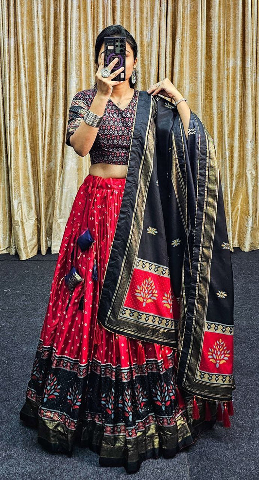 Red & Black Wedding Wear Tussar Silk Lehenga