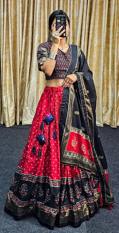 Red & Black Wedding Wear Tussar Silk Lehenga