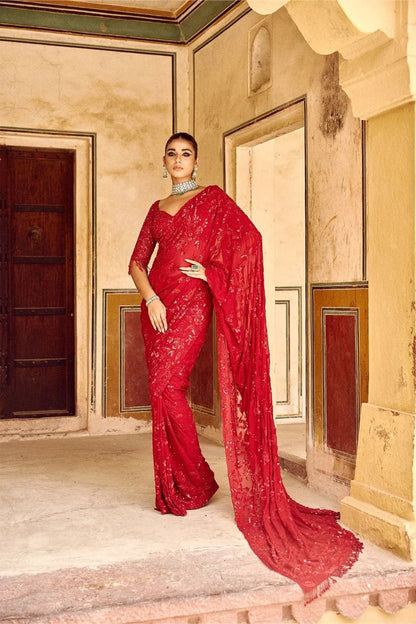 Red Bollywood Style Georgette Saree | Clone Design