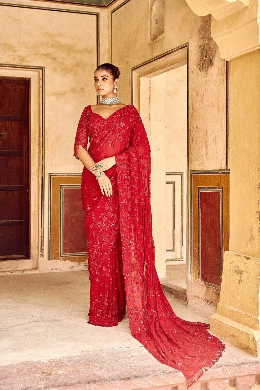 Red Bollywood Style Georgette Saree | Clone Design
