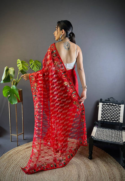 Red Designer Butterfly Net Saree