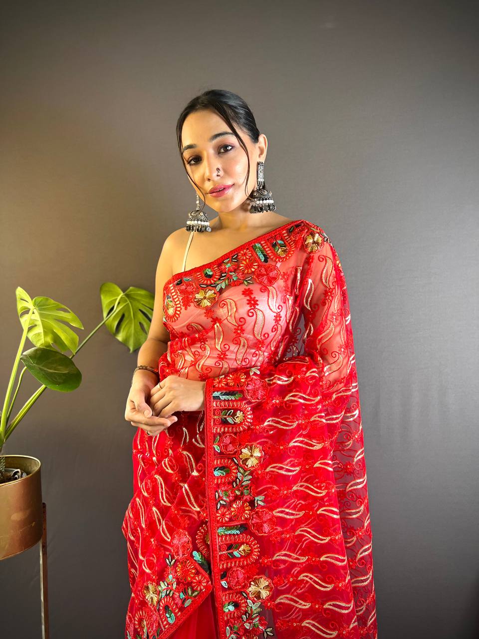 Red Designer Butterfly Net Saree