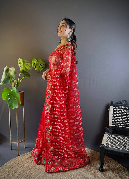 Red Designer Butterfly Net Saree