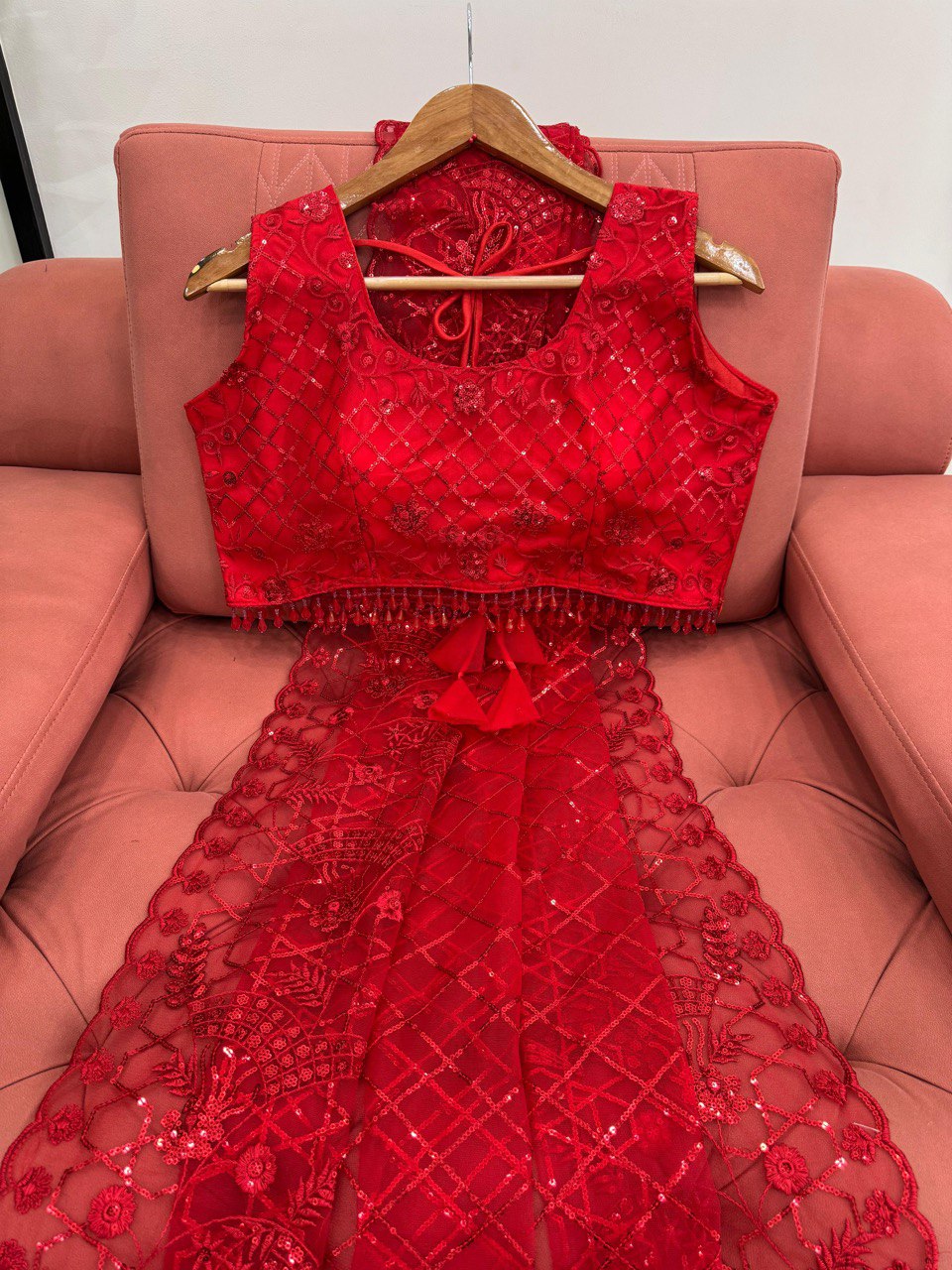 Red Designer Party Wear Net Saree