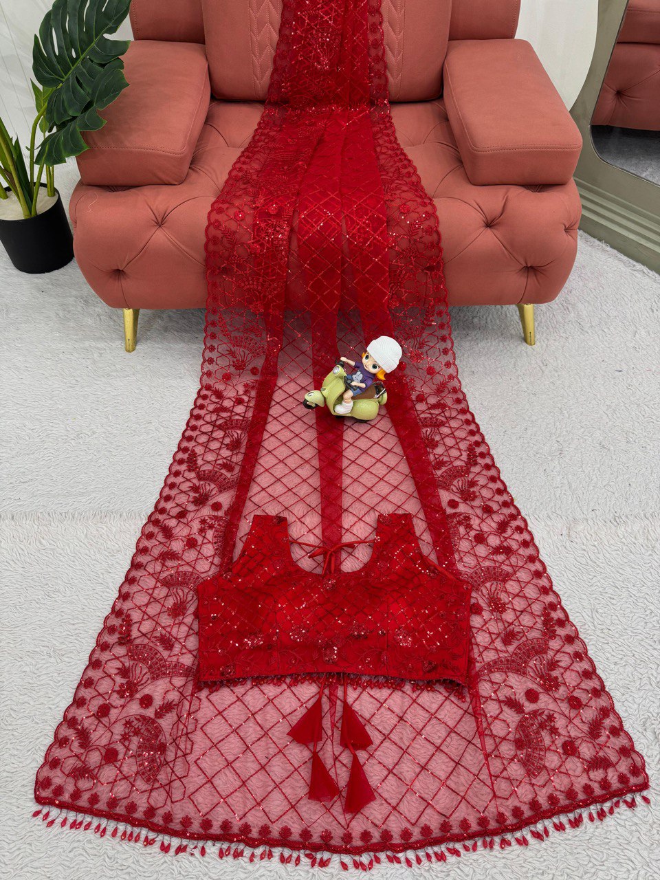 Red Designer Party Wear Net Saree