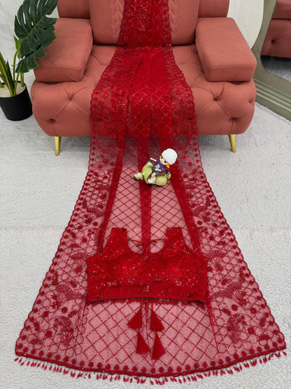 Red Designer Party Wear Net Saree