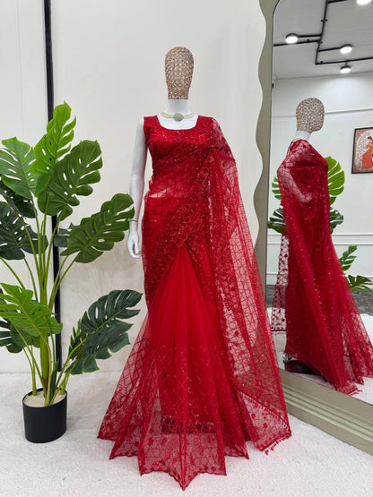 Red Designer Party Wear Net Saree