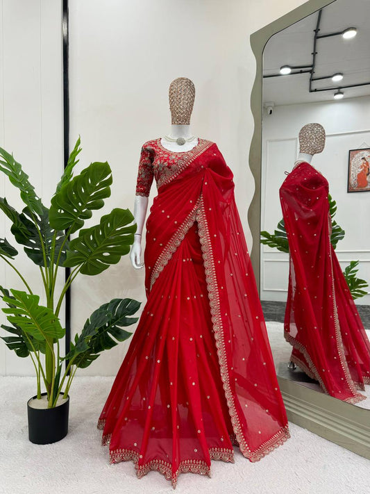 Red Designer Tabby Silk Saree