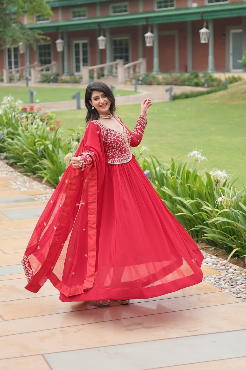 Red Designer Wedding Wear Long Gown Dress