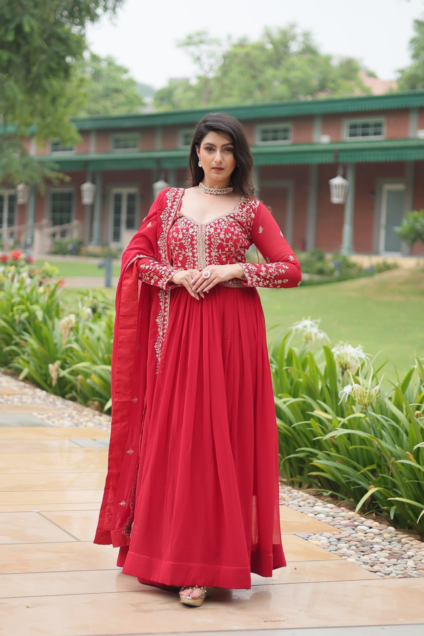 Red Designer Wedding Wear Long Gown Dress