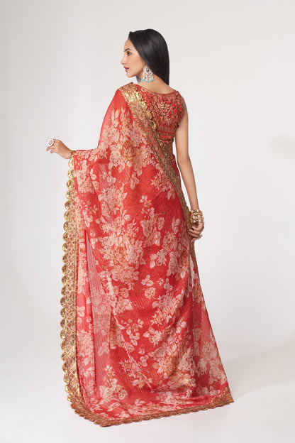 Red Floral Printed Organza Saree With Blouse | 100% Original Saree