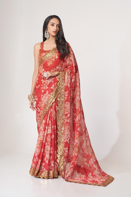 Red Floral Printed Organza Saree With Blouse | 100% Original Saree