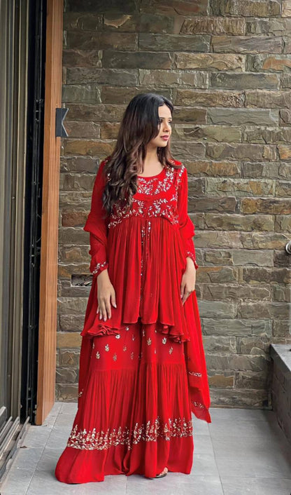 Red Georgette Modern Sharara Set For Wedding